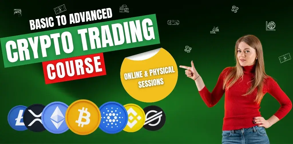 Crypto Trading Course banner: Woman instructor pointing to Bitcoin, Ethereum, and other crypto icons on green background, highlighting basic to advanced training with online & physical sessions at GS Trainings.